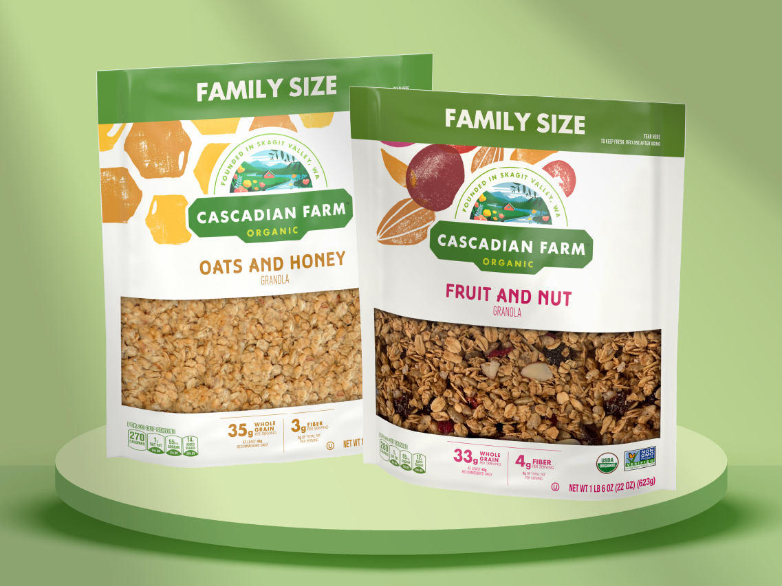 Packages of Oats and Honey and Fruits and Nuts Cascadian Farms granola